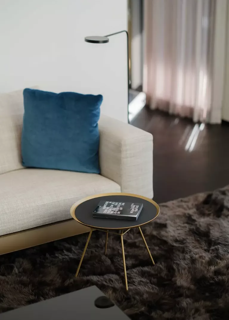 Elegant living room corner with a cream-colored sofa, blue pillow, and a black side table with gold legs. A book rests on the table, accompanied by a modern floor lamp and a plush rug.