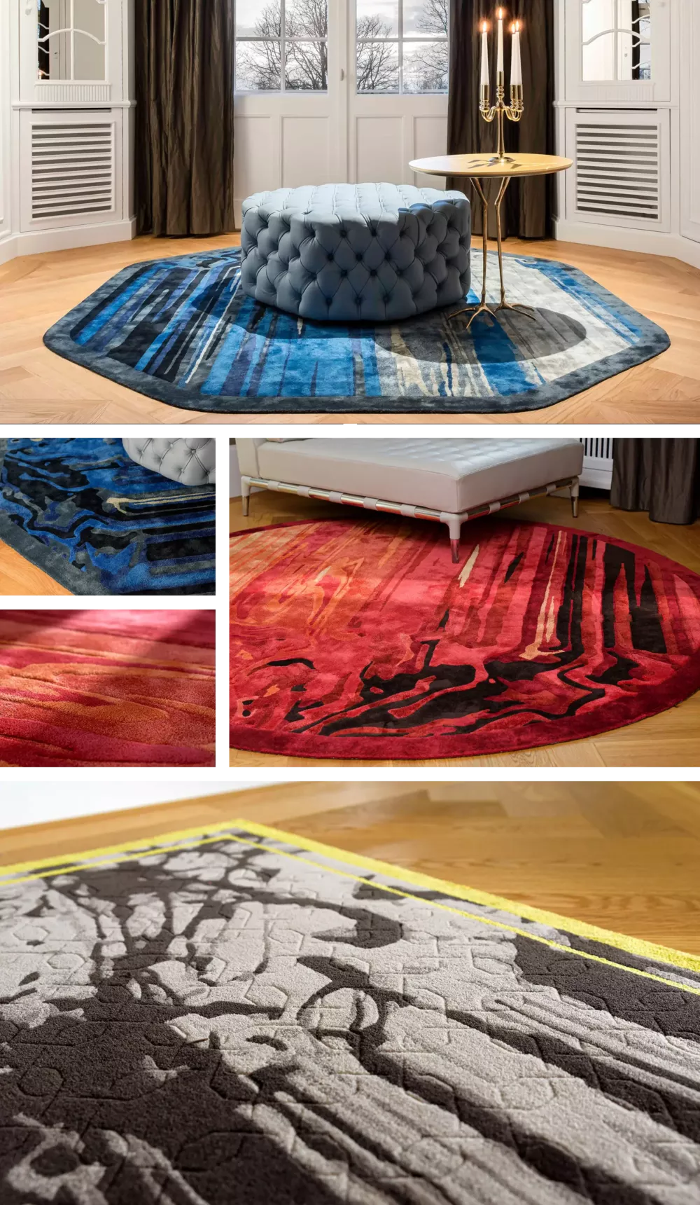 Collage of designer rugs with artistic patterns. At the top, a blue rug with a tufted ottoman and side table. Below, close-up shots of a red, a blue, and a gray rug with a textured surface.