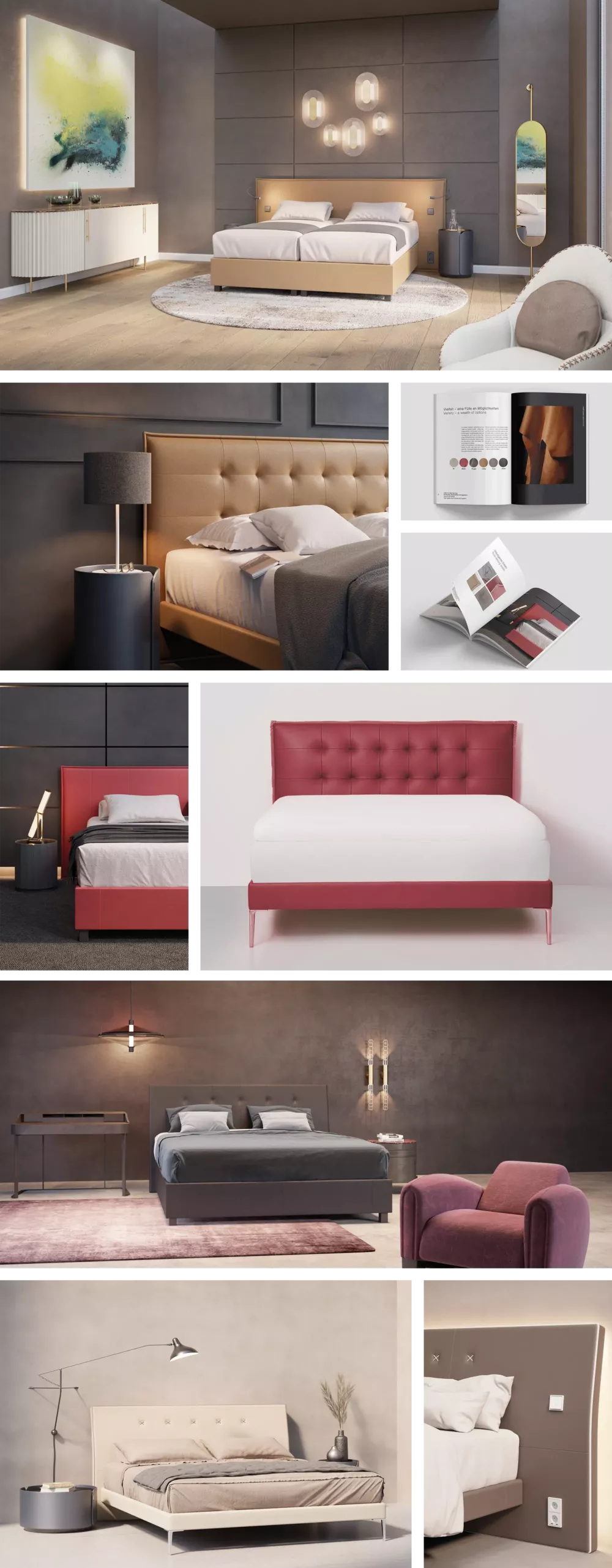 Collage of bedroom designs featuring various bed styles. At the top, a modern bedroom with a beige upholstered bed and artistic lighting. Close-up shots of red and cream beds, along with brochures showcasing design and material selections.