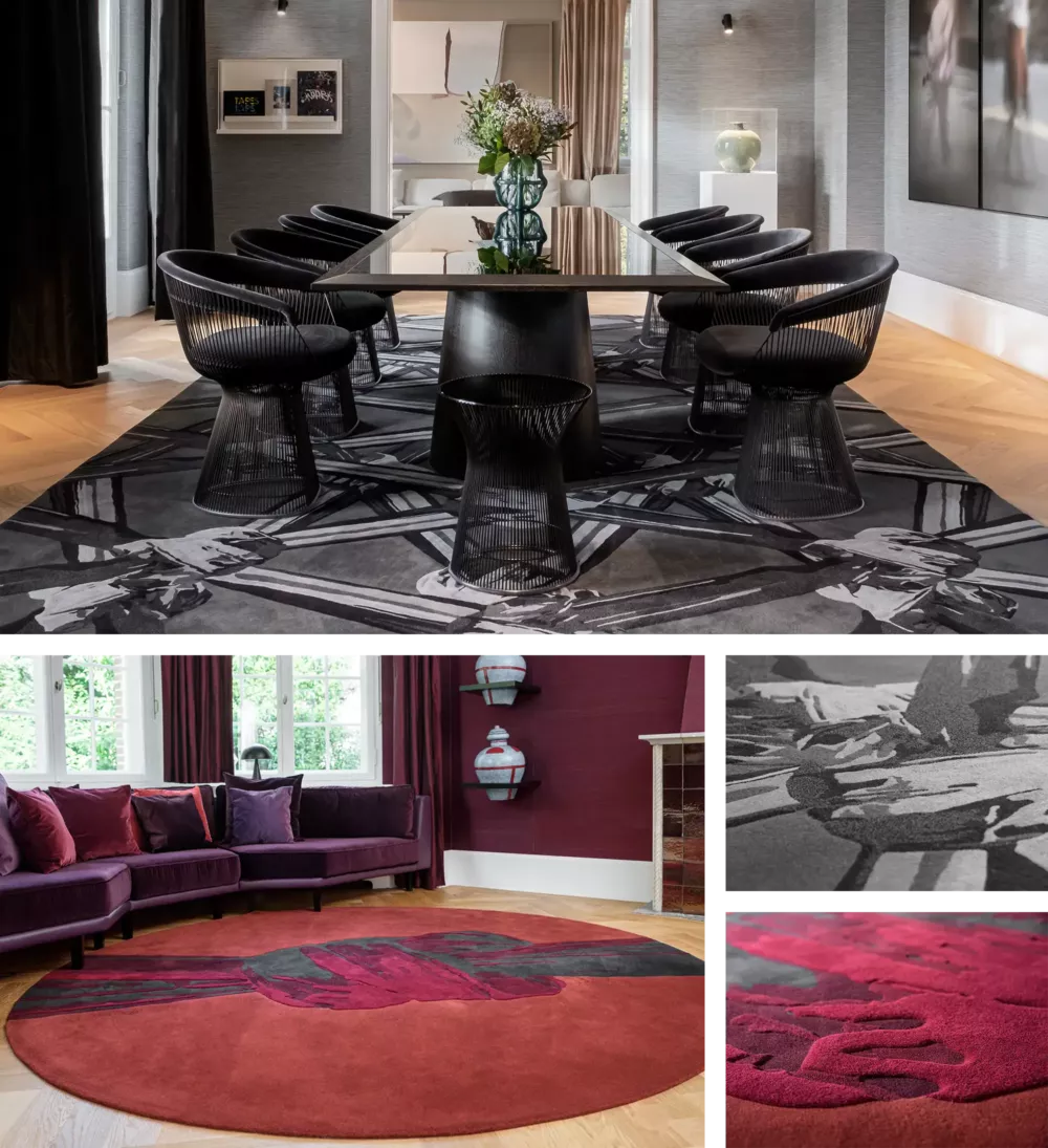 Collage of designer rugs in modern interiors: a black-and-white rug beneath an elegant dining area and a round rug in red and burgundy tones in a stylish lounge.