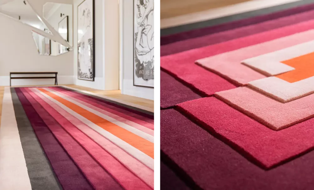Long designer rug with stripes in red, pink, and orange tones in a modern hallway. On the right, a close-up of the three-dimensional texture.
