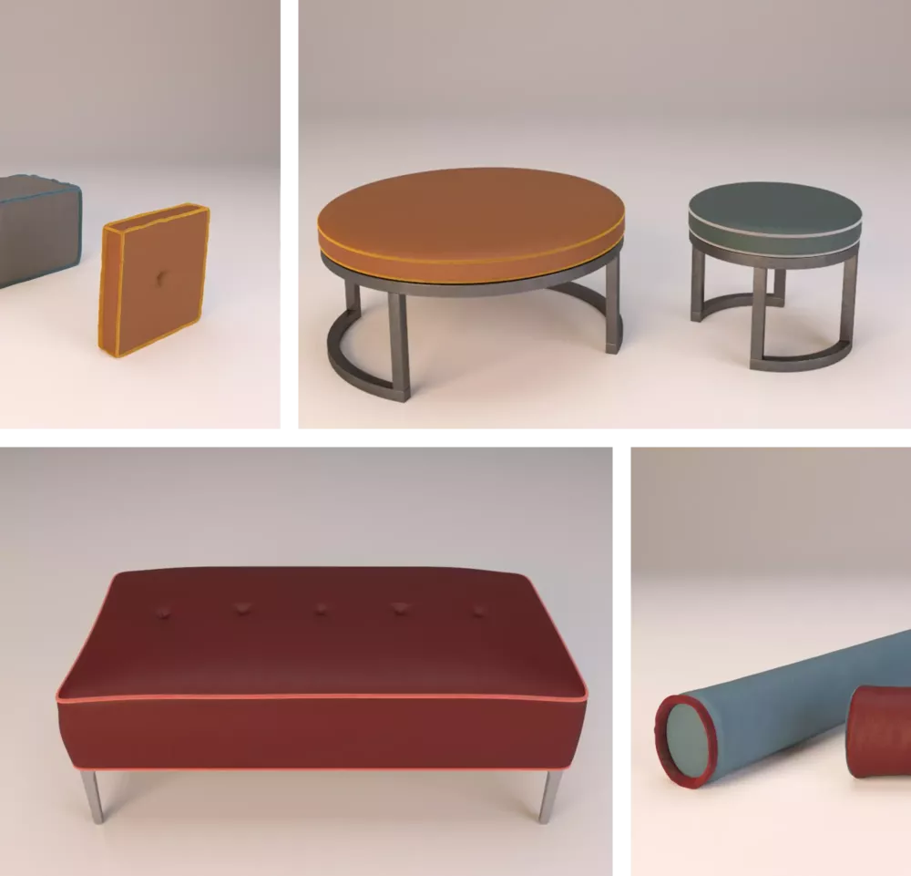 Collage of upholstered furniture and accessories. At the top, round stools with metal frames and padded seats. At the bottom, a rectangular bench with red upholstery and two padded bolster cushions.