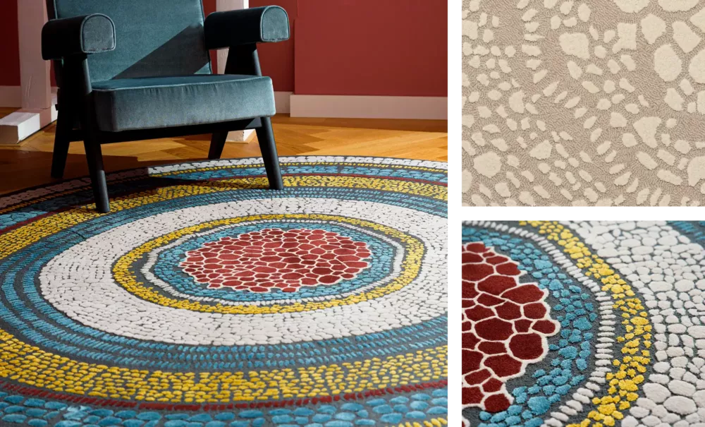 Round designer rug with a textured pattern in blue, red, yellow, and white beneath a dark green armchair. On the right, two close-up shots showcasing the rug's details in different color variations.