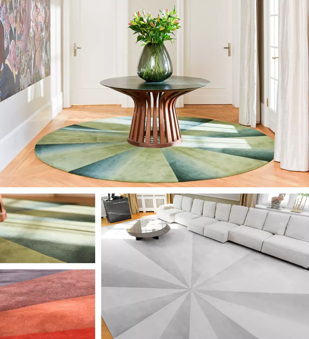 Collage of designer rugs featuring geometric patterns in shades of green, gray, and red, elegantly styled in modern living spaces.