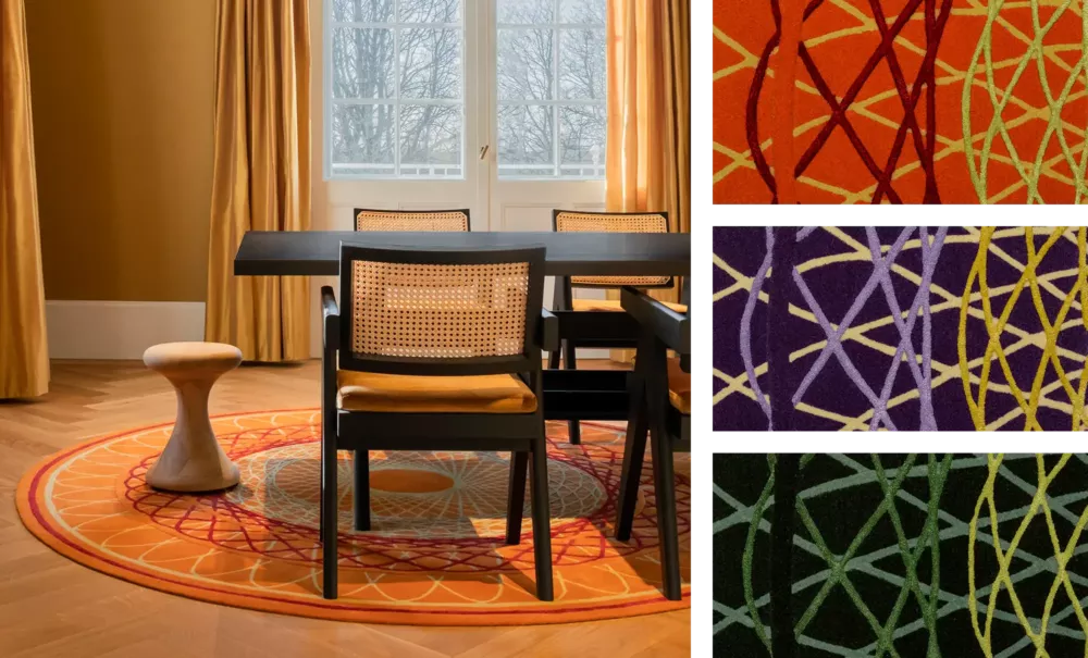 Round designer rug in orange with a graphic pattern beneath a modern dining area, complemented by close-up shots in various color combinations.